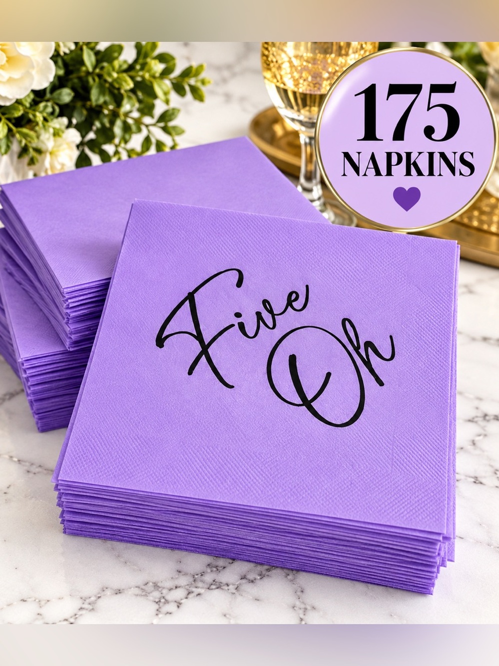 💜 175 Purple “Five Oh” 50th Birthday Cocktail Napkins Party Decor